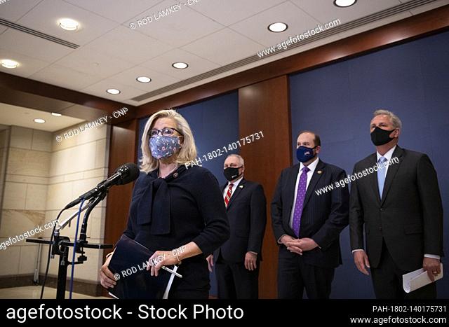 United States Representative Liz Cheney (Republican of Wyoming), left, offers remarks while joined for a press conference by United States House Minority Whip...