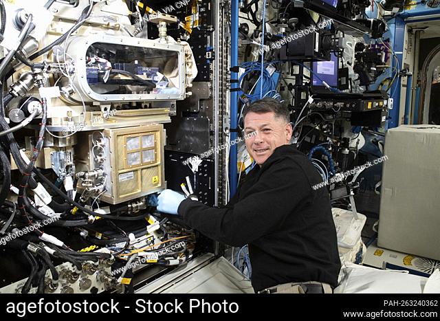 NASA astronaut and Expedition 65 Flight Engineer Shane Kimbrough installs and configures a new Advanced Colloids Experiment module inside the U.S