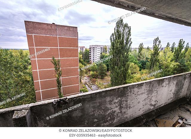 View from staircase of 16-stored block of flats in Pripyat ghost city of Chernobyl Nuclear Power Plant Zone of Alienation in Ukraine