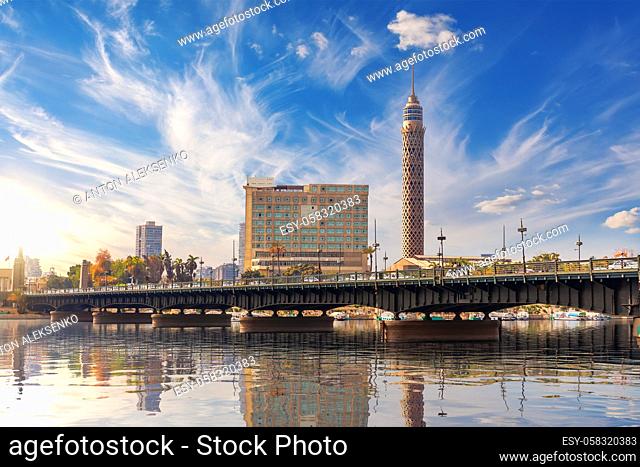 View on the Cairo Tower in Gezira island and the bridge over the Nile, Egypt