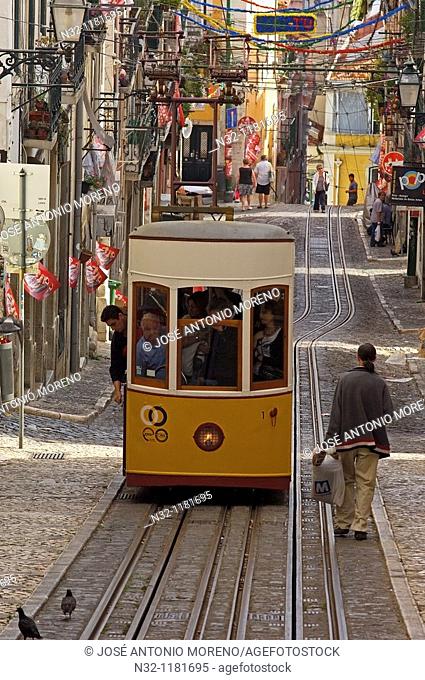 Lisbon, Elevador da Bica Bica cable car, Bairro Alto, Rua da Bica de Duarte Belo, Portugal  Europe