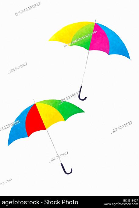 Watercolor umbrellas in rainbow colors over white background