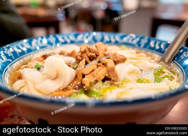 traditional food of taiwanese hakka flat noodles in a bow