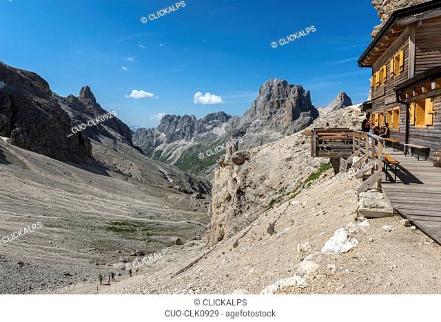 Panoramic view of Vajolet valley seen from principe refuge, Dolomites, Trentino-Alto Adige, Italy