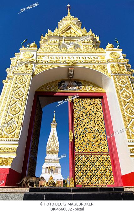 Decorated entrance gate to the Chedi of Wat Phra That Phanom, temple complex in Amphoe That Phanom, Nakhon Phanom Province, Isan, Thailand