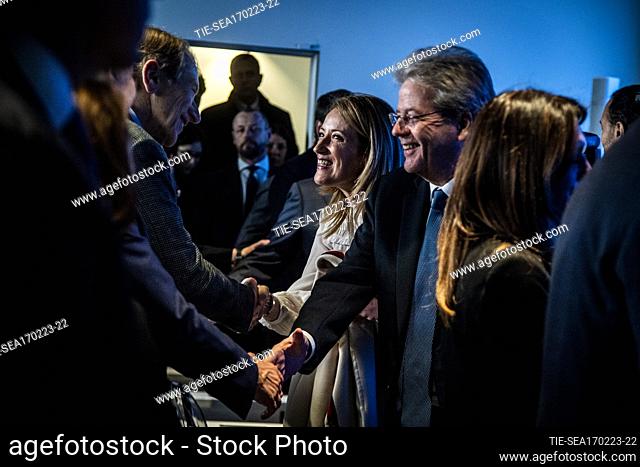 Roberta Metsola, Paolo Gentiloni during inauguration of the European Experience interactive space dedicated to David Sassoli February 17, 2022 in Rome, Italy
