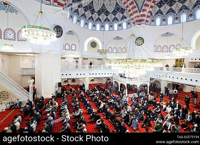 RUSSIA, SIMFEROPOL - DECEMBER 9, 2023: Believers take part in a mass prayer at the newly built Cathedral Mosque, the largest one in Crimea