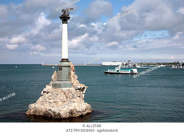 MONUMENT TO THE SCUTTLED SHIPS, SEA FORTRESS, RUSSIAN WARSHIP & LOCAL FERRY; SEVASTOPOL, CRIMEA, UKRAINE; 28/04/2008