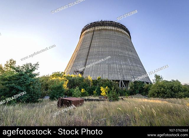 Cooling tower of Chernobyl Nuclear Power Plant in Zone of Alienation around the nuclear reactor disaster in Ukraine