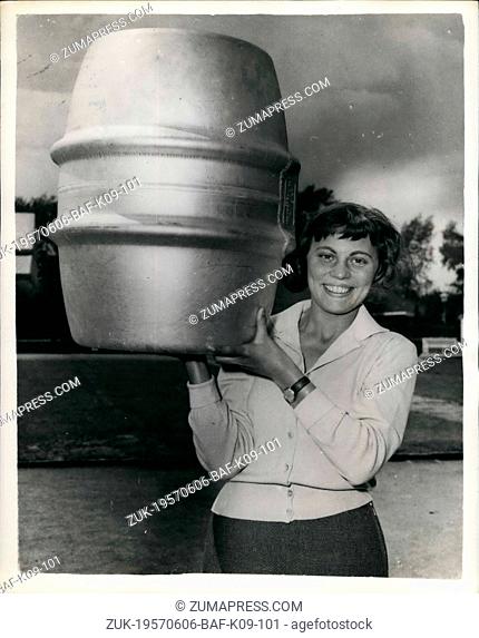 Jun. 06, 1957 - This Is Not Very Heavy!! Aluminium Beer Cask At German Exhibition. One of the items to be seen at the 'Schweissen and Schneiden' exhibition...