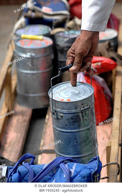 Dabbas or food containers marked with characters to allow correct delivery, Mumbai, India, Asia