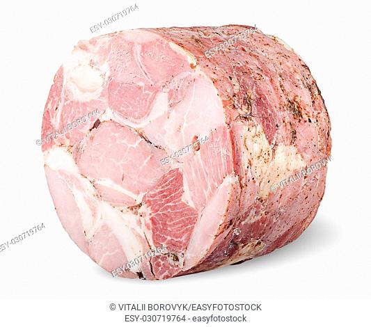Piece of ham rotated isolated on white background