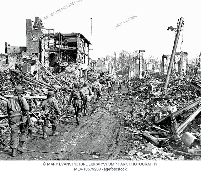 A scene of devastation discovered by the men of the US 29th Division at Julich, Germany, towards the end of World War Two