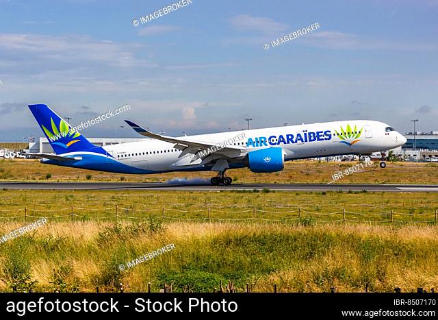 An Air Caraibes Airbus A350-900 aircraft with registration F-HHAV at Paris Orly Airport, France, Europe