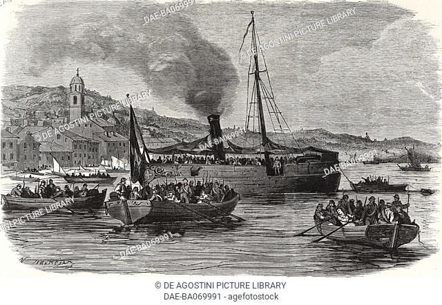 Boarding of Garibaldine volunteers on a gunboat, Lake Garda, June 26, Italy, Third War of Independence, engraving from L'Illustration, Journal Universel
