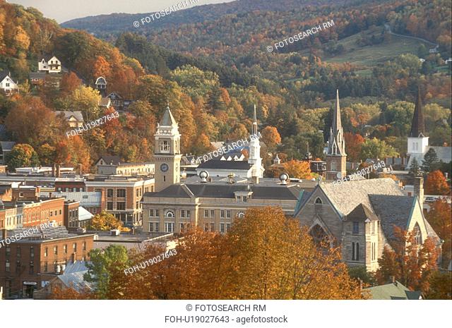 fall, Montpelier, VT, Vermont, Aerial view of the city of Montpelier in the autumn