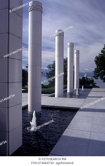 Switzerland, Lausanne, Ouchy, Olympic Museum, Vaud, Fountain and columns outside the Musee Olympique in Lausanne