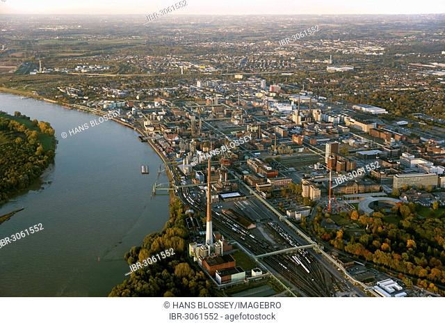 Aerial view, Bayer Leverkusen, Chempark Leverkusen in the Rhine river, a chemical plant