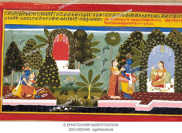 Krishna meets Radha. Scene from the Gita Govinda. Mewar, Rajasthan, India. Dated: 1715 A.D