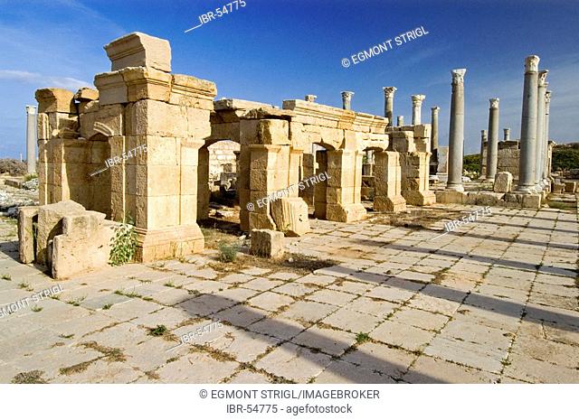 Columns in front of the theater at Leptis Magna
