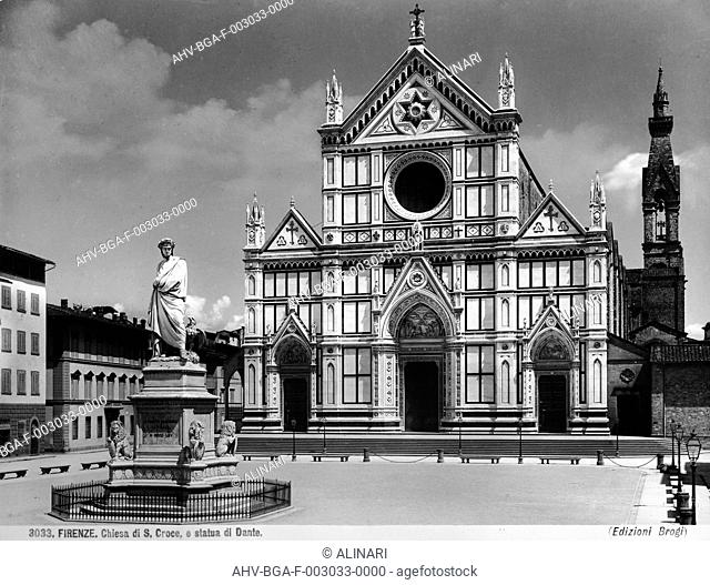 The monument to Dante Alighieri and the facade of the Church of Santa Croce in Florence (1865), shot 1890 ca. by Brogi