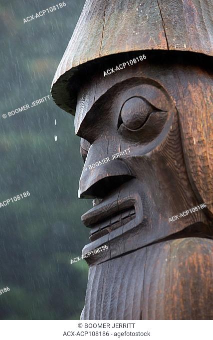 Water drips from a welcome pole during a heavy downpour erected at Friendly Cove on Vancouver's west coast. Yuquot, Vancouver Island, British Columbia, Canada
