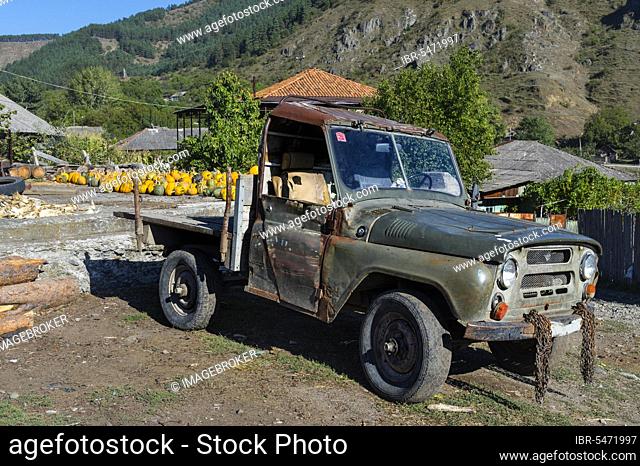 Pumpkin farm and old pickup truck, Atskuri, Samtskhe-Javakheti region, Georgia, Asia