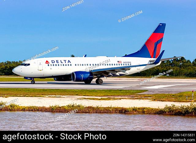 Key West, Florida ? April 4, 2019: Delta Air Lines Boeing 737-700 airplane at Key West airport (EYW) in the United States