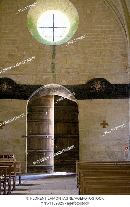 France, Poitou Charentes province, Departement of Charente Maritime 17, Genouillé   Inside church of the village with nice light and its 'litre'