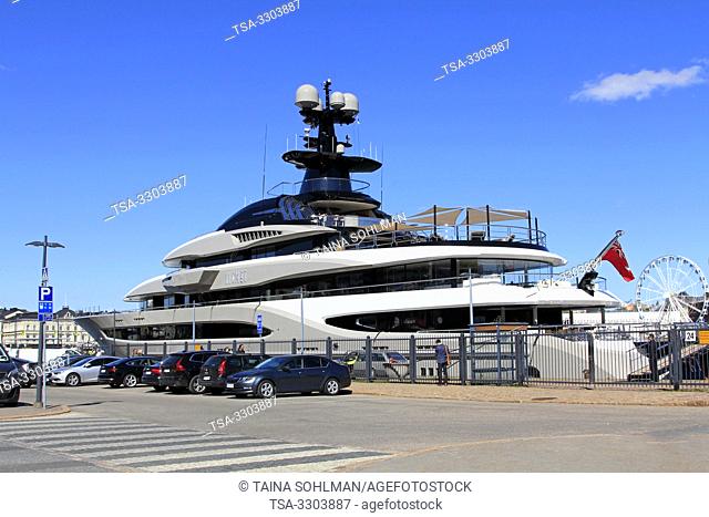 Helsinki, Finland. May 14, 2019. Superyacht Kismet docked at South Harbour in Eteläranta, Helsinki, Finland. The superyacht build by Lurssen in 2014 is...