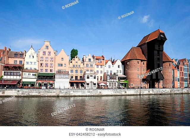 Poland, Gdansk, Old Town skyline with The Crane, Motlawa River, historic city centre
