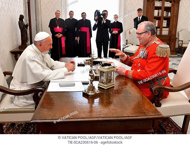 Pope Francis with Fra' Matthew Festing 79th Prince and Grand Master of the Sovereign Military Order of Malta during the private audience, Vatican, Rome