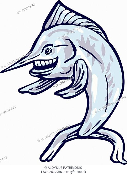 Illustration of a blue marlin fish viewed from the side set on isolated white background done in cartoon style