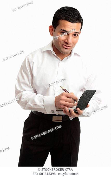 Waiter taking an order or worker jotting down notes in a notepad. White background