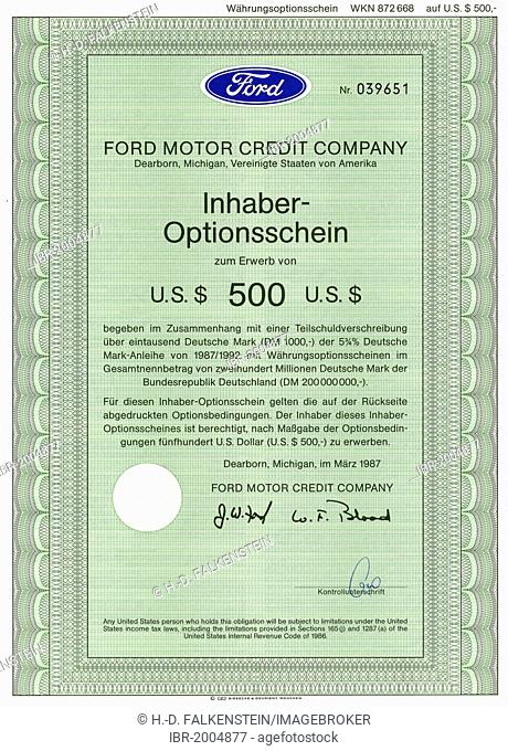 Bearer warrants for shares of the Ford Motor Credit Company for $ 500, Dearborn, Michigan, USA, 1987