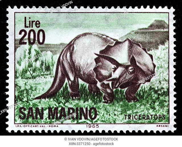 Triceratops, Prehistoric animal, postage stamp, San Marino, 1965