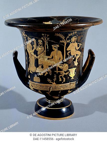 Puglian red-figure krater from a tomb of Montescaglioso depicting Dionysos with a thyrsus and kantharos, a naked young man playing a lyre and a female figure...