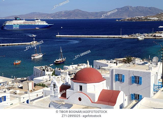 Greece, Cyclades, Mykonos, Hora, harbour, ships, boats,