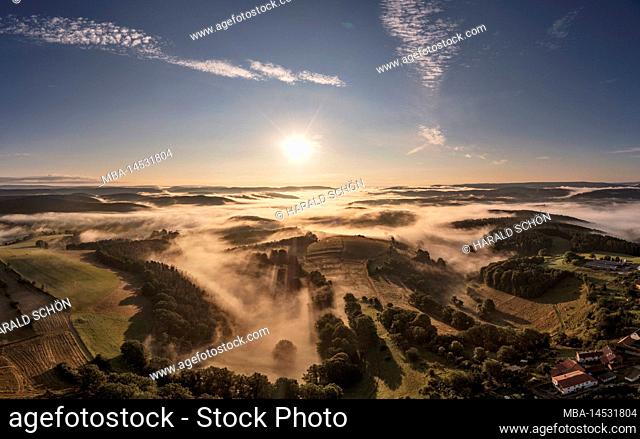 Germany, Thuringia, Königsee, view direction Rinnetal, sun, mountains, valleys, valley fog, aerial photo, back light