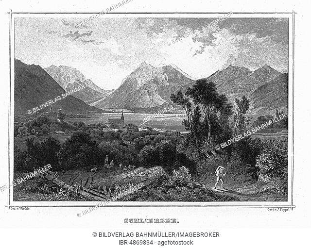 Schliersee, drawing by F. Würthle, engraving by J. Poppel, steel engraving from 1840-1854, Kingdom of Bavaria, Germany