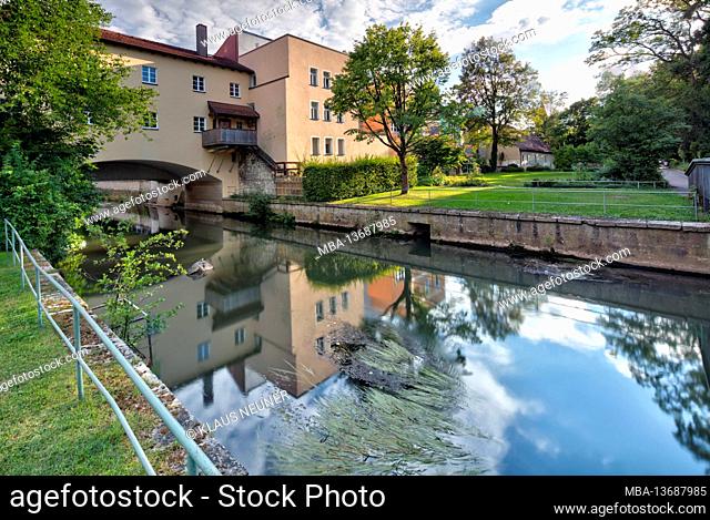 River Vils, Englischer Garten, green area, house facade, Amberg, Upper Palatinate, Bavaria, Germany, Europe