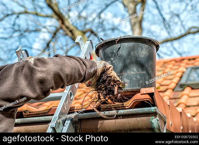 Man on a ladder cleaning house gutters