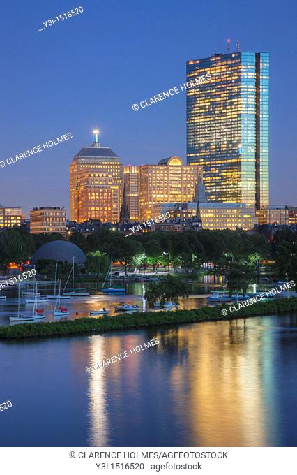 Twilight view of the Boston skyline including the John Hancock building, as seen over the Charles River from the Longfellow Bridge, Boston, Massachusetts, USA