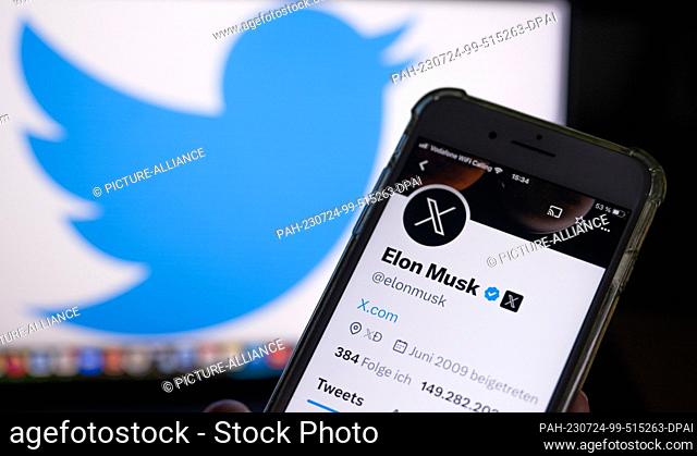 24 July 2023, Berlin: ILLUSTRATION - Twitter owner Musk's official profile on a smartphone screen as his profile picture shows the white letter X on a black...