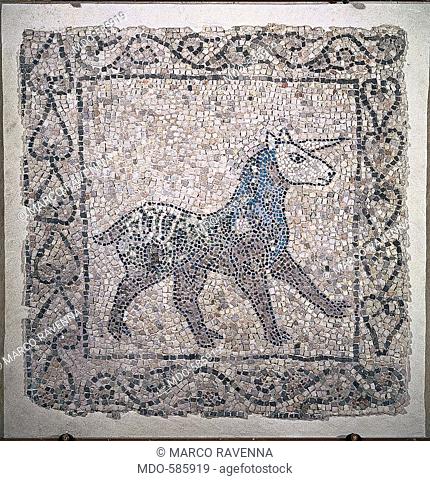 Unicorn, by Unknown, 13th Century, polychrome mosaic. Italy, Emilia Romagna, Ravenna, National Museum. All. Panel frame frieze unicorn white black tesserae...