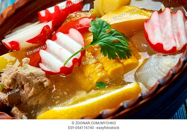 Mexican cuisine , traditional soup Pozole, Traditional assorted dishes, Top view