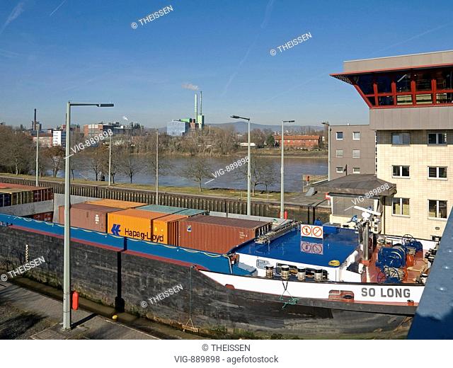 transport of container with a barge on the river Main, barrage, sluice by Griesheim, Frankfurt, Germany . - 08/02/2008