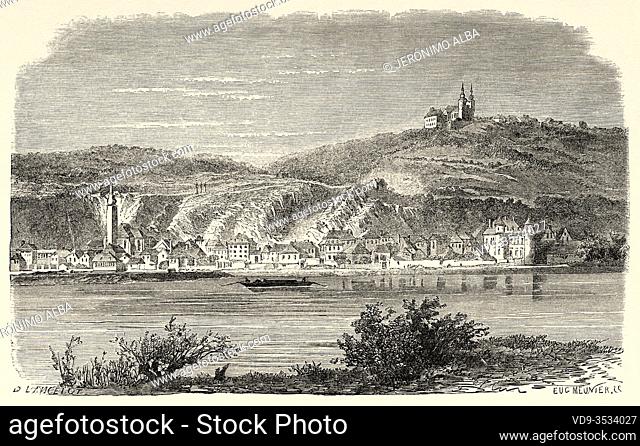 View of Marbach and the pilgrims church Maria Taferl, River Danube, Lower Austria Europe. Old 19th century engraved illustration, Le Tour du Monde 1863