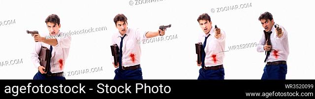 Businessman wounded in gun fight isolated on white