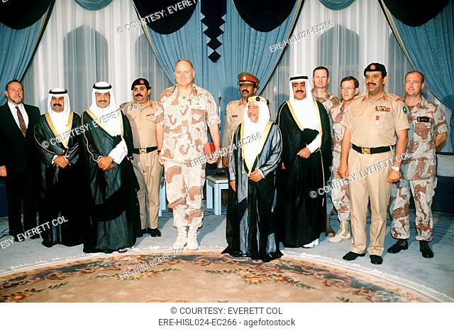 General Norman Schwarzkopf with Shaikh Isa Bin Sulman Al-Khalifa the emir of Bahrain after the Emir who presented him with the Bahrain Medal in recognition of...